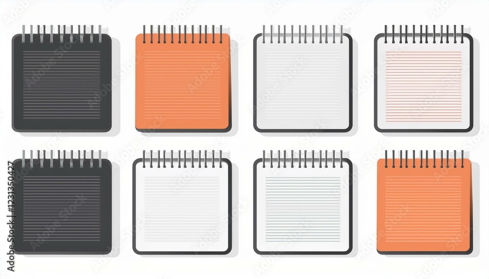 Poster notebook set. set of blank spiral notepad notebook vector illustration in flat design. isolated on w