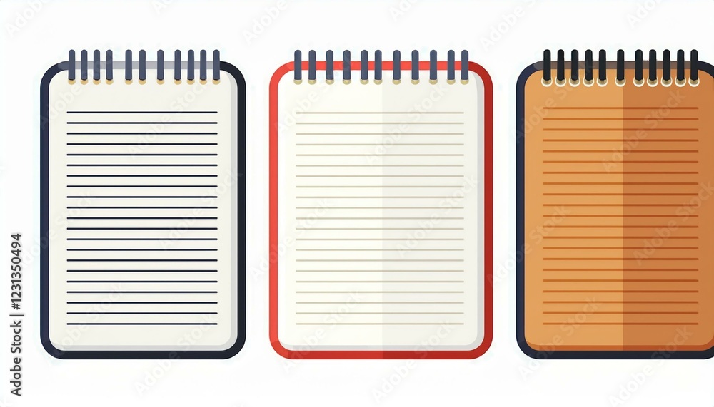 Poster notebook set. set of blank spiral notepad notebook vector illustration in flat design. isolated on w