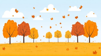 Autumnal Landscape with Colorful Trees and Falling Leaves