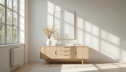 Minimalist light wooden sideboard with dried flowers, books, and a blank frame in a sunlit room with a large window.
