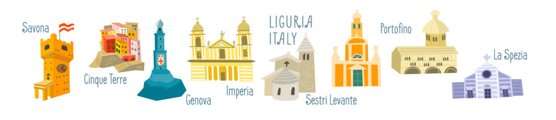 Set of historical buildings of Liguria, Italy. Sights and architecture of towns. Isolated illustration on white background. 