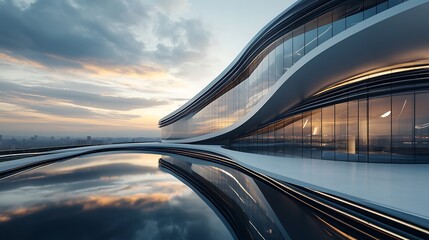 Fototapeta premium Visionary futuristic office skyscraper with dynamic curved elements and golden reflections