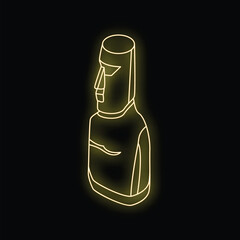 Golden neon moai statue from easter island shining brightly on a black background