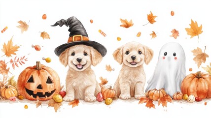 Naklejka premium Whimsical watercolor puppies celebrating halloween autumn landscape cute animal illustration cheerful viewpoint, isolated on white background