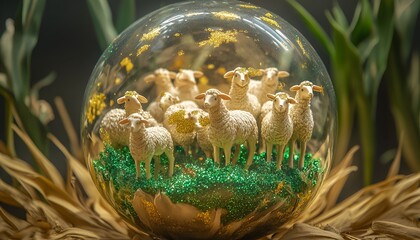 A spherical glass ball filled with sheep figurines, gold accents, and green glitter for Eid-ul-Adha.