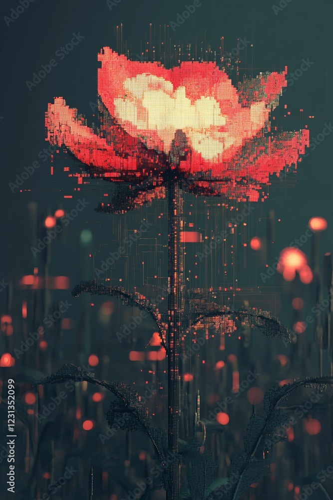 Poster digital art of a glowing red flower with pixelated effects in a dark atmospheric setting