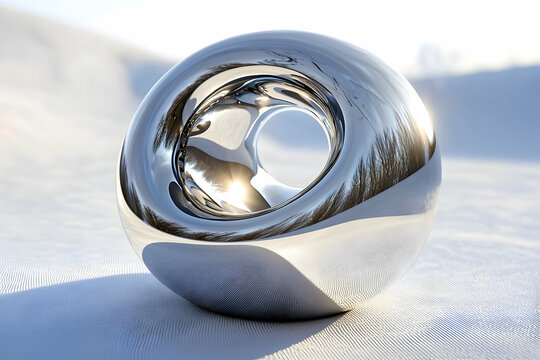 Twisting torus with metallic reflections on a bright white field