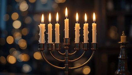 A Beautifully Lit Menorah with Seven Candles Glowing Brightly in a Dark Room with Festive Lights