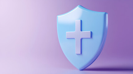 Obraz premium Shield with a cross icon symbol on isolated purple background. Protection of health from diseases. Healthcare security insurance medical concept. 3d Minimal insurance blue shield 