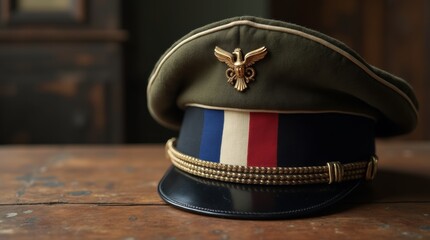 A close-up of a tricolor cockade on a vintage French military uniform