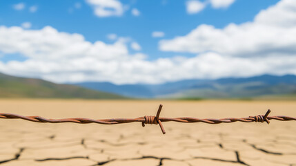 Naklejka premium rusty barbed wire fence stretches across dry cracked landscape under blue sky with clouds