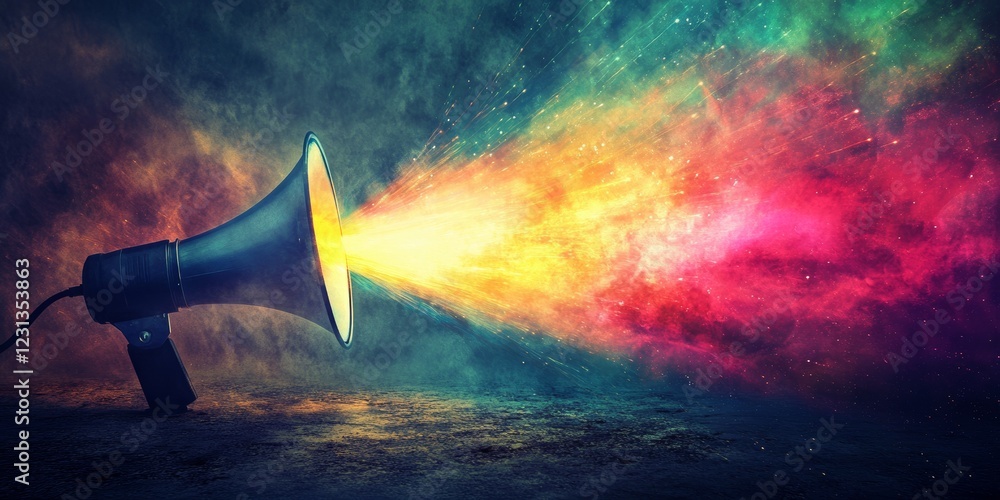 Poster a microphone is on a dark background with a colorful explosion of light. concept of excitement and e