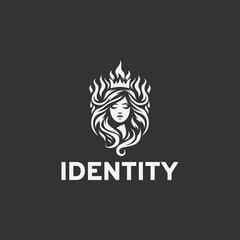 Queen of fire logo design vector illustration in black and white style on a black background