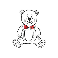 Cute smiling teddy bear wearing a red bow tie vector doodle cartoon line art.