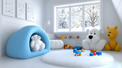 Child's room, winter scene, toys, play area, interior design