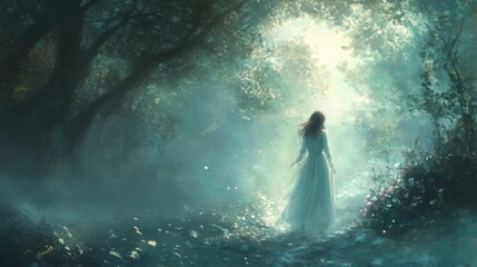 Woman in White Dress Walking Mystical Forest Path