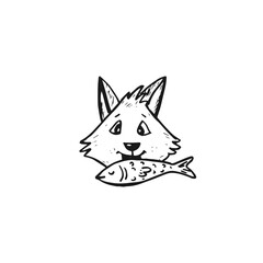 Hand-drawn doodle cartoon line art of a cute fox head eating fish.