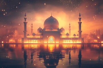 Majestic Mosque Reflecting in Calm Water at Sunset