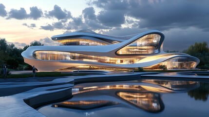 Obraz premium Futuristic cultural center with smooth curved white structures and dramatic glass walls