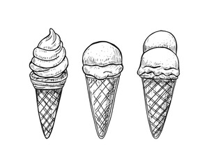 Three ice creams with cones hand-drawn black outline doodle vector.