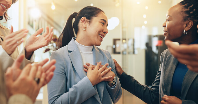 Business people, woman and applause in office for support, positive reinforcement and colleague promotion. Employee, winner and happy in lobby for career growth, successful campaign or achievement