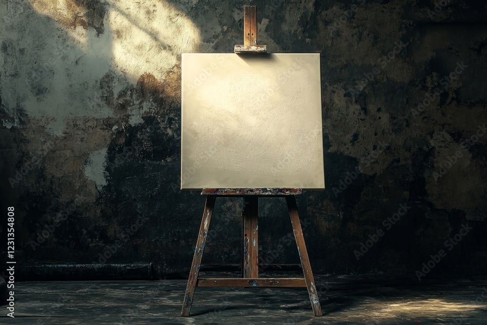 Poster a blank canvas on an easel in a rustic studio, illuminated by dramatic lighting, with textured walls