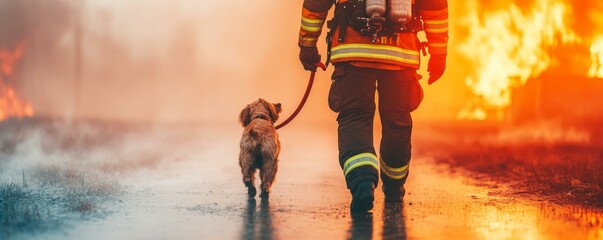 Firefighter in uniform walking with his dog on a sunny day in an urban environment