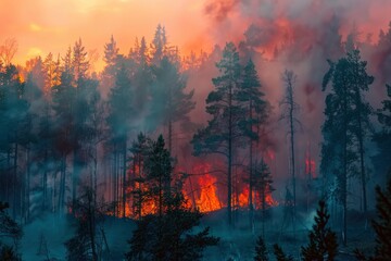 Fototapeta premium A dramatic image of a forest fire at sunset, showcasing the intense flames and smoke engulfing the pine trees.