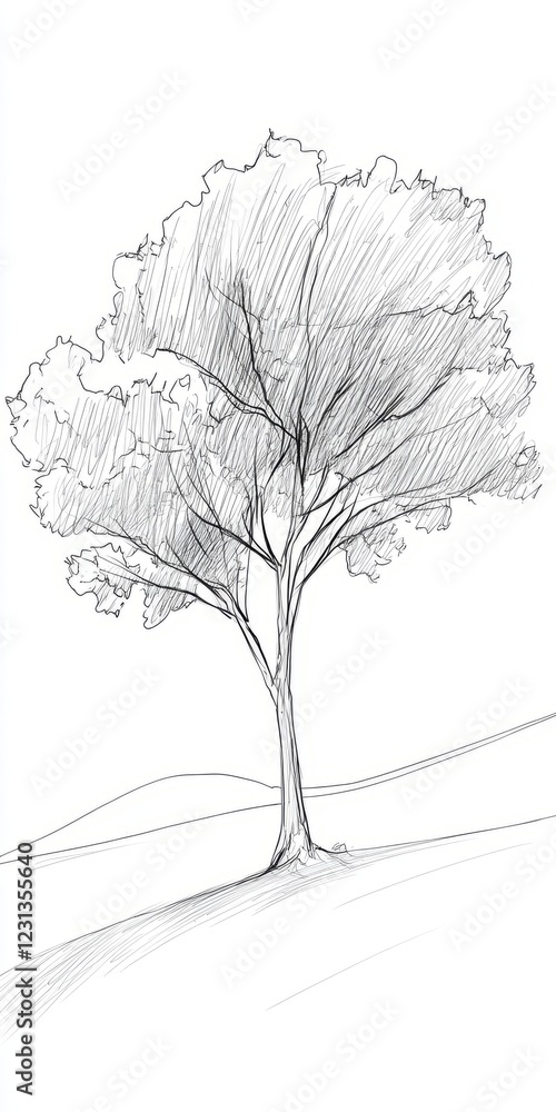 Poster a tree is shown in a black and white drawing. the tree is on a hill and has a trunk