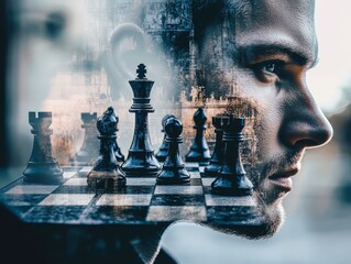 Man observing chess set with intense focus in indoor setting