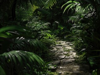 A picturesque stone path winds through a dense, verdant jungle, bathed in dappled sunlight.