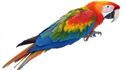 Fototapeta premium Colorful macaw parrot with vibrant feathers isolated on white background, ideal for tropical and exotic design projects.