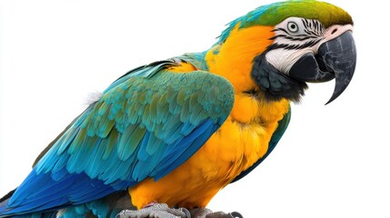 Colorful macaw parrot with vibrant feathers isolated on white background, ideal for tropical and exotic design projects.