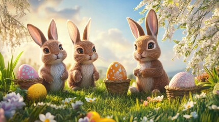 Three Brown Bunnies with Easter Eggs in Spring Meadow