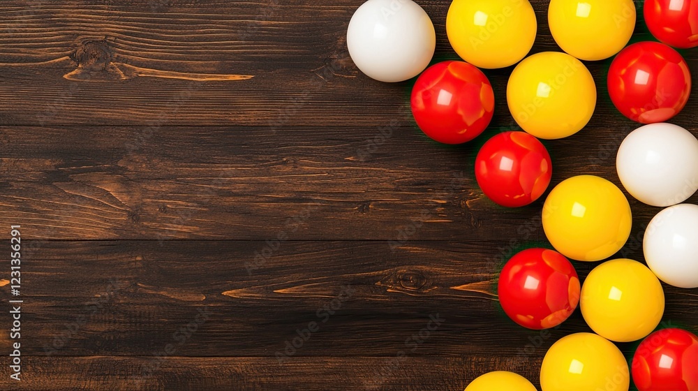 Aufkleber colorful balls arranged in a playful pattern on a rustic wooden background for creative projects
