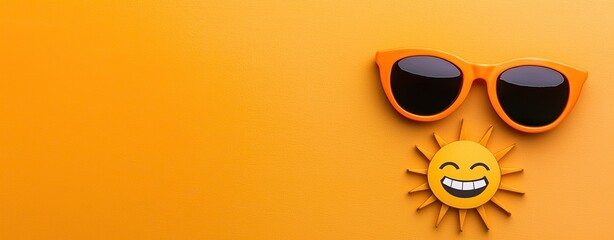 Bright Summer Vibes with Sunglasses and Cheerful Sun on Vibrant Orange Background