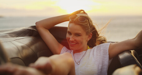 Smile, woman and relax in car for road trip adventure, ocean travel and vacation destination. Happy, female person and rest in parking vehicle of journey transport, summer getaway and outdoor freedom