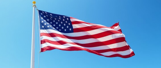 Fototapeta premium American flag waving in the wind, set against a clear blue sky on a sunny day, vibrant colors symbolizing patriotism and freedom.