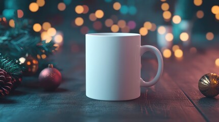 Fototapeta premium Cozy Christmas Mug Mockup: A Festive Winter Scene