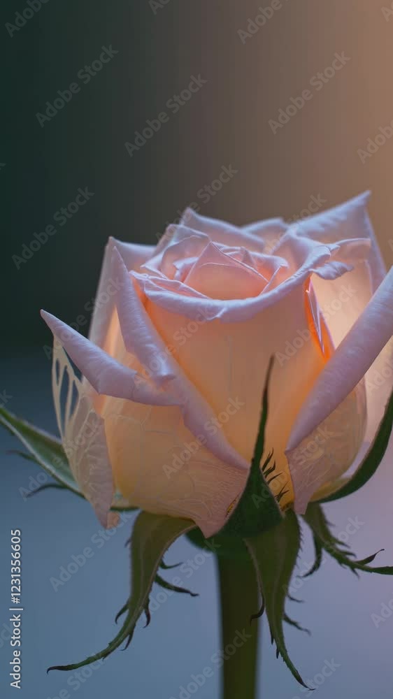 Poster a timelapse of a delicate rose in transparent, glowing hues, unfolding petal by petal in a surreal x