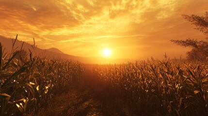 A field of corn is shown in the foreground with a bright orange sun in the background. The sun is setting, casting a warm glow over the field. The scene is peaceful and serene