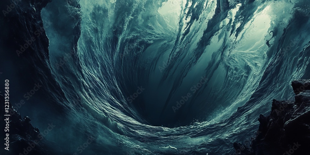 Poster a mesmerizing underwater vortex showcasing the dynamic and mysterious nature of ocean currents.