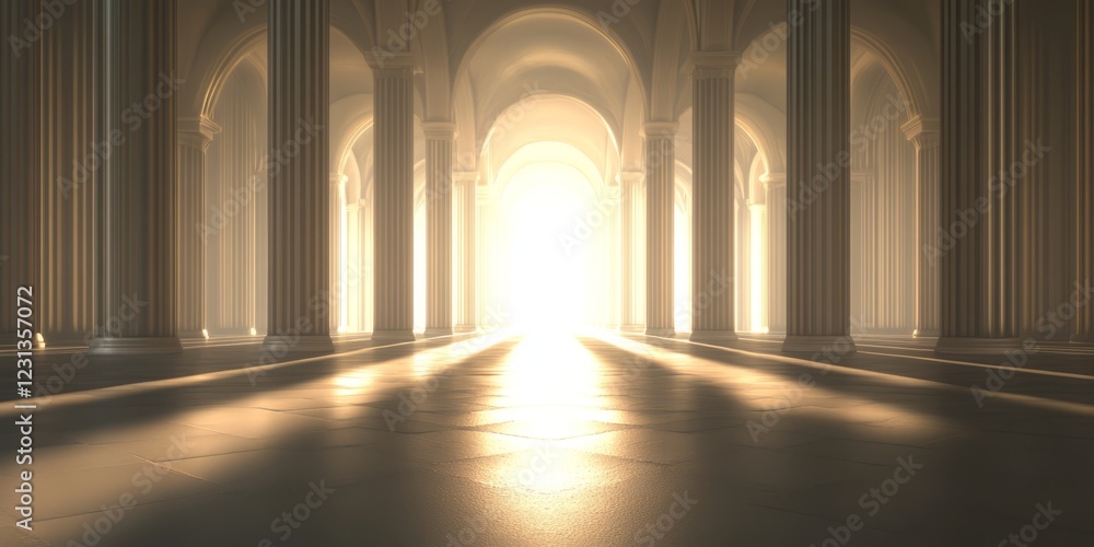 Poster sunlight streams through a grand hallway with towering columns and arches, casting dramatic shadows 
