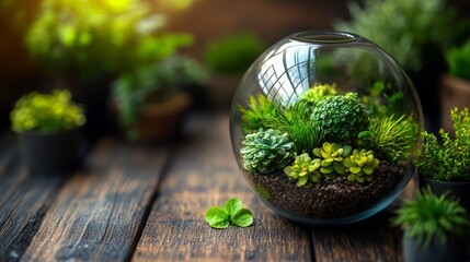 A beautiful terrarium filled with lush green plants and vibrant succulents.
