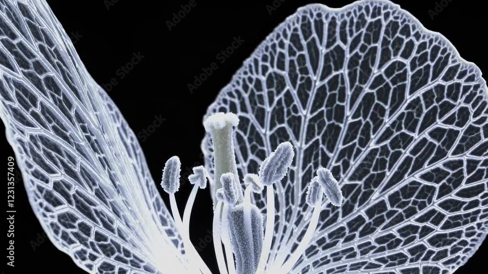 Poster a captivating sequence showing an x-ray style flower gradually blooming, each translucent petal reve