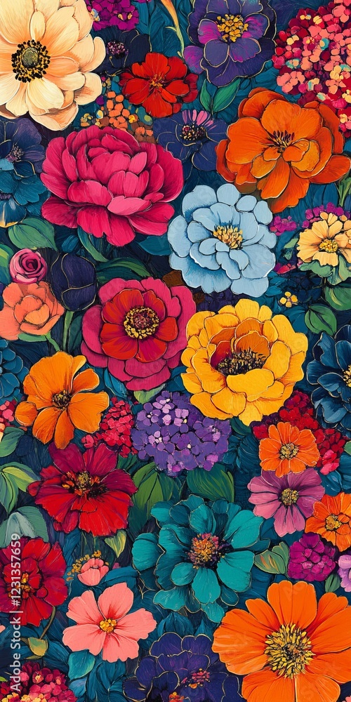 Poster a colorful floral print with a variety of flowers in different colors. the flowers are arranged in a