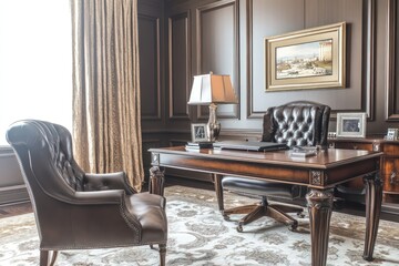 Fototapeta premium A traditional office adorned with rich textures, ornate furniture, and elegant decor. Utilize a warm color palette, intricate molding, and luxurious fabrics. Include classic artworks