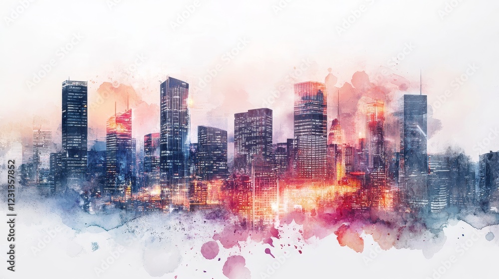 Poster this vibrant city skyline features colorful lights and abstract elements, creating a modern and arti