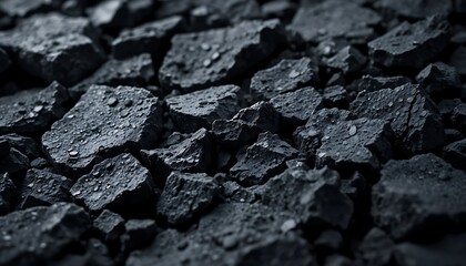 Dark, wet, broken asphalt pieces, close-up view showing texture and detail of each fragment after rain.