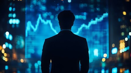 Entrepreneur Watching Market Trends and Economic Growth in a Futuristic Business, Symbolizing Business Growth and Investment Success